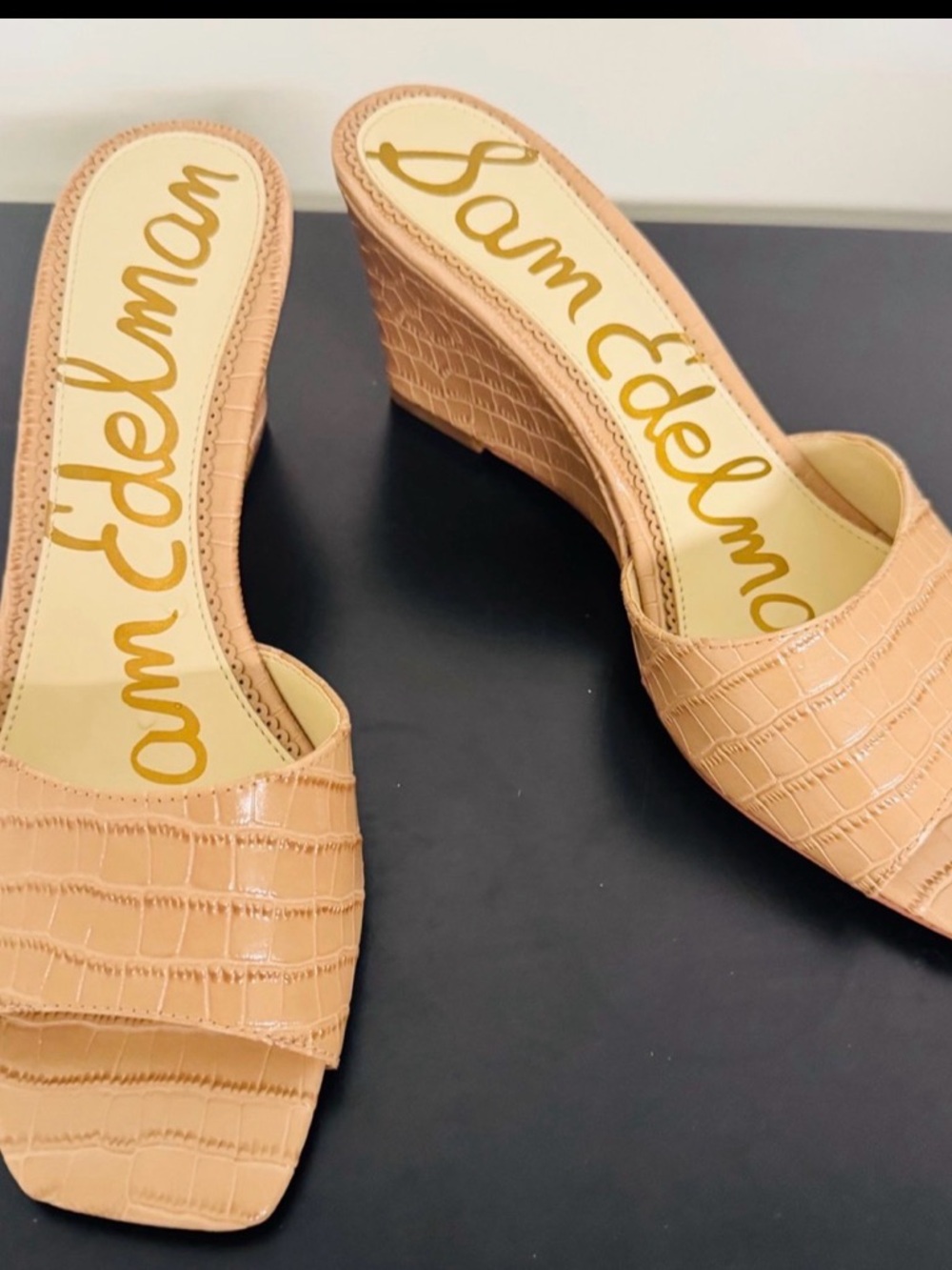 Sam Edelman Tan Croc-Embossed Wedge Mule Sandals